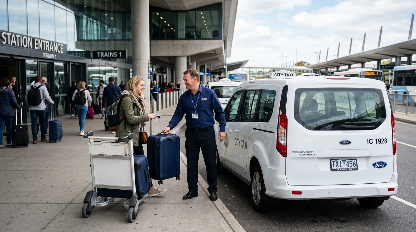 Ashwini Travels driver greeting passenger at railway station concourse